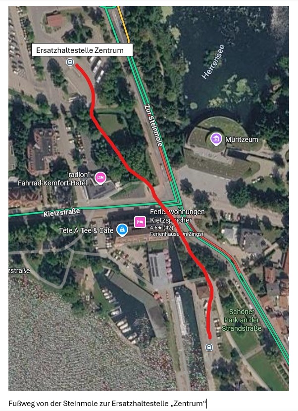 Fußweg von der Steinmole zur Ersatzhaltestelle Zentrum in Waren (Müritz)